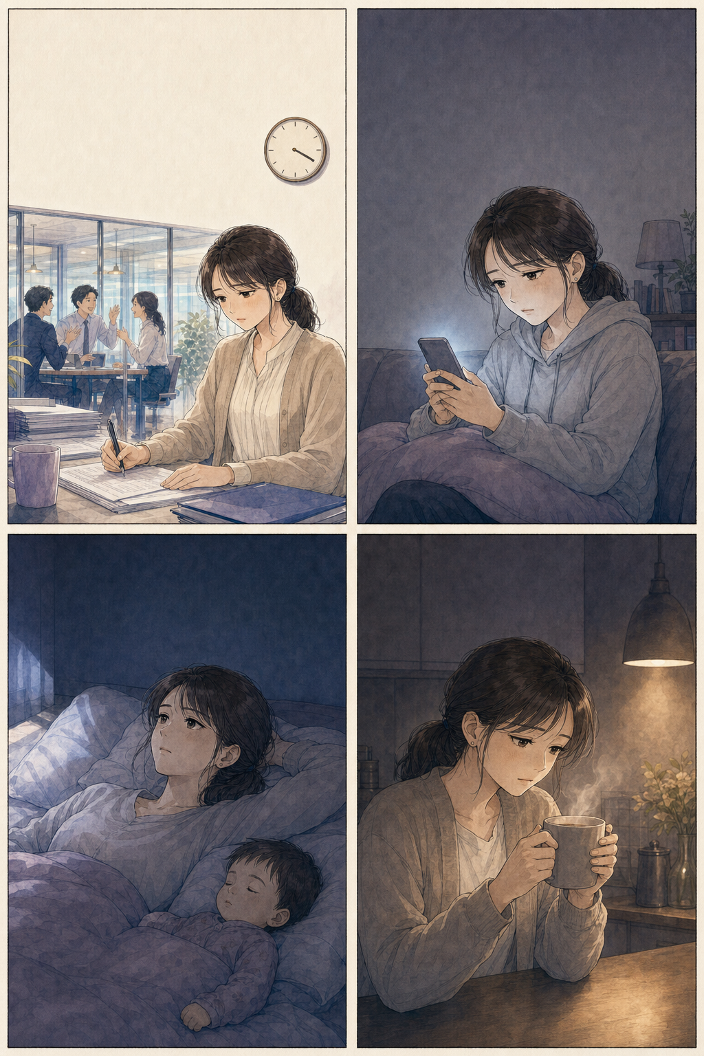 漫画1ページ目（4コマ）。オフィスで一人働く美咲、夜にスマホを見て落ち込む、眠れない夜、深夜のキッチンでうつむく