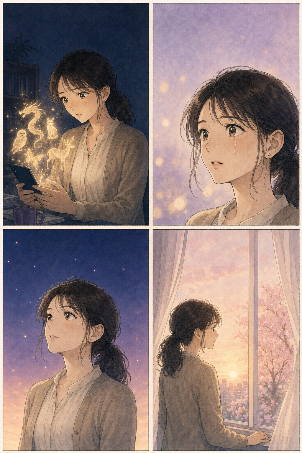 漫画2ページ目（4コマ）。スマホから金色の光と精霊の影が立ちのぼる、鑑定の言葉に涙する美咲、表情が晴れ、朝の光が差す窓辺に立つ