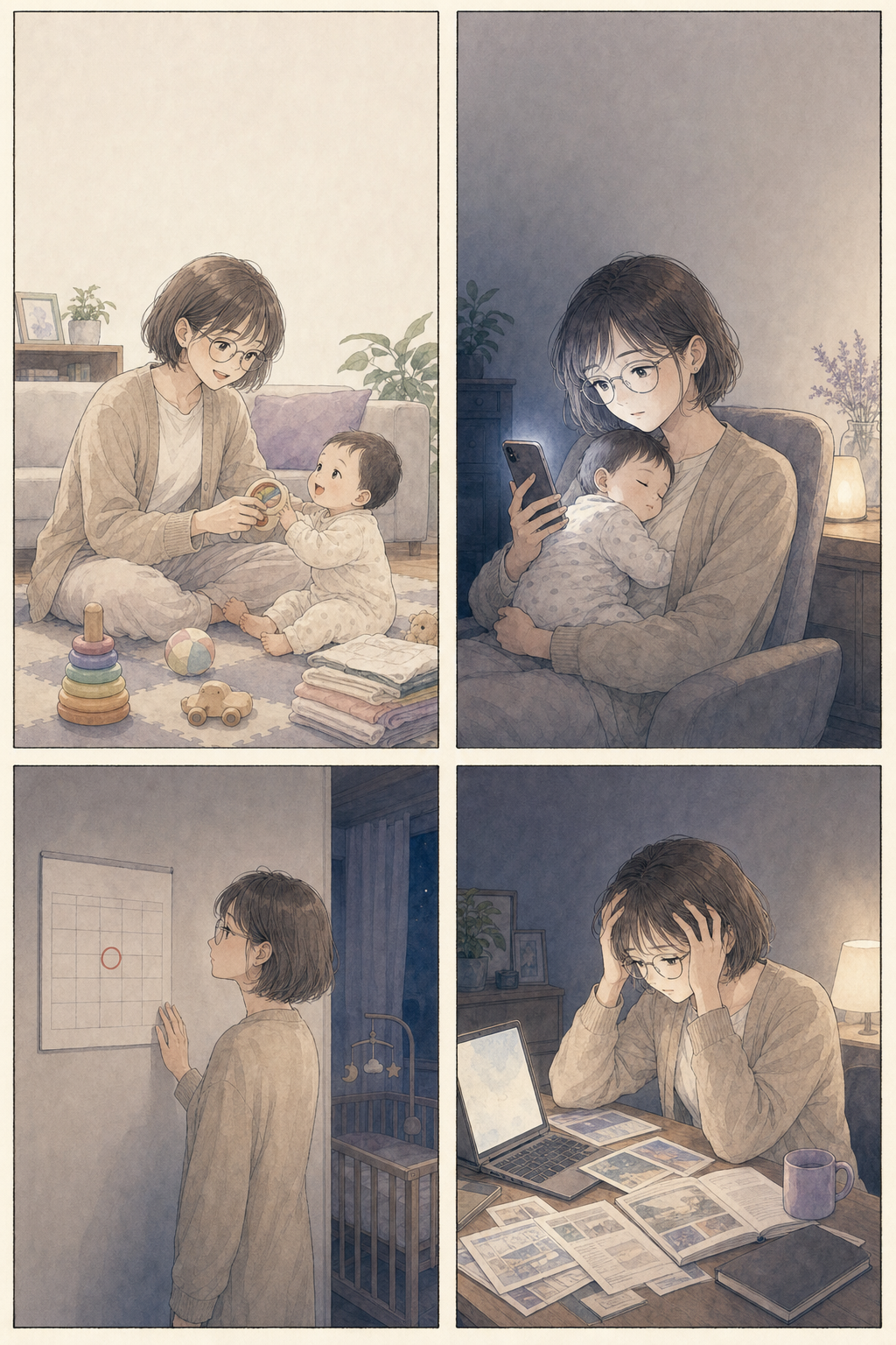 漫画1ページ目（4コマ）。赤ちゃんと過ごす丸眼鏡の彩、夜にスマホを見て焦る、カレンダーの復帰日を見つめる、深夜に選択肢の多さに頭を抱える