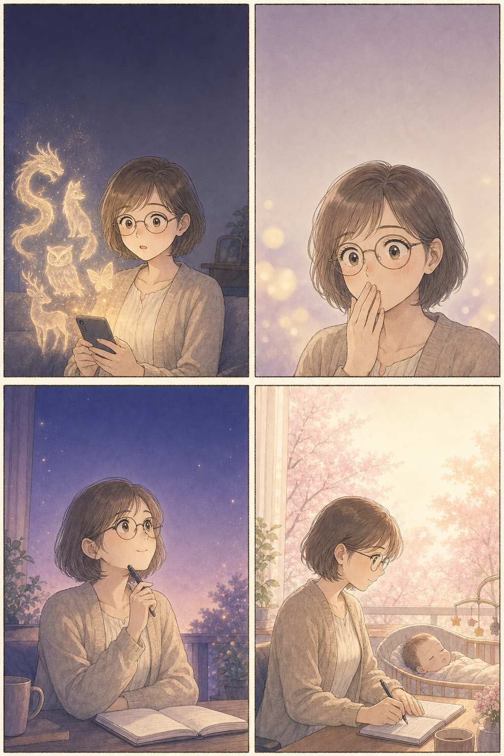 漫画2ページ目（4コマ）。スマホから金色の光と精霊の影、鑑定の言葉にハッとする彩、ペンを手に顔を上げ、朝の光の中でノートに書き込む