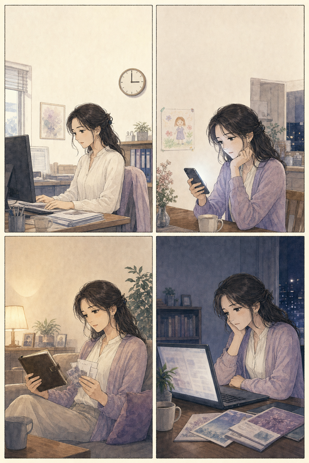 漫画1ページ目（4コマ）。パート勤務の職場で働く真紀、夕方の食卓でスマホを見つめる、昔の仕事の手帳を手に取る夜、深夜に講座の資料を眺めて迷う