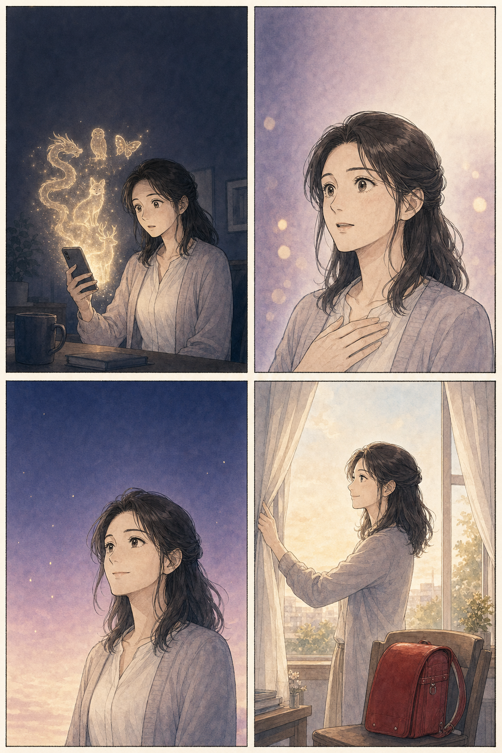 漫画2ページ目（4コマ）。スマホから金色の光と精霊の影、鑑定の言葉に胸へ手を当てる真紀、表情が晴れ、朝の光の中でカーテンを開ける。そばに赤いランドセル