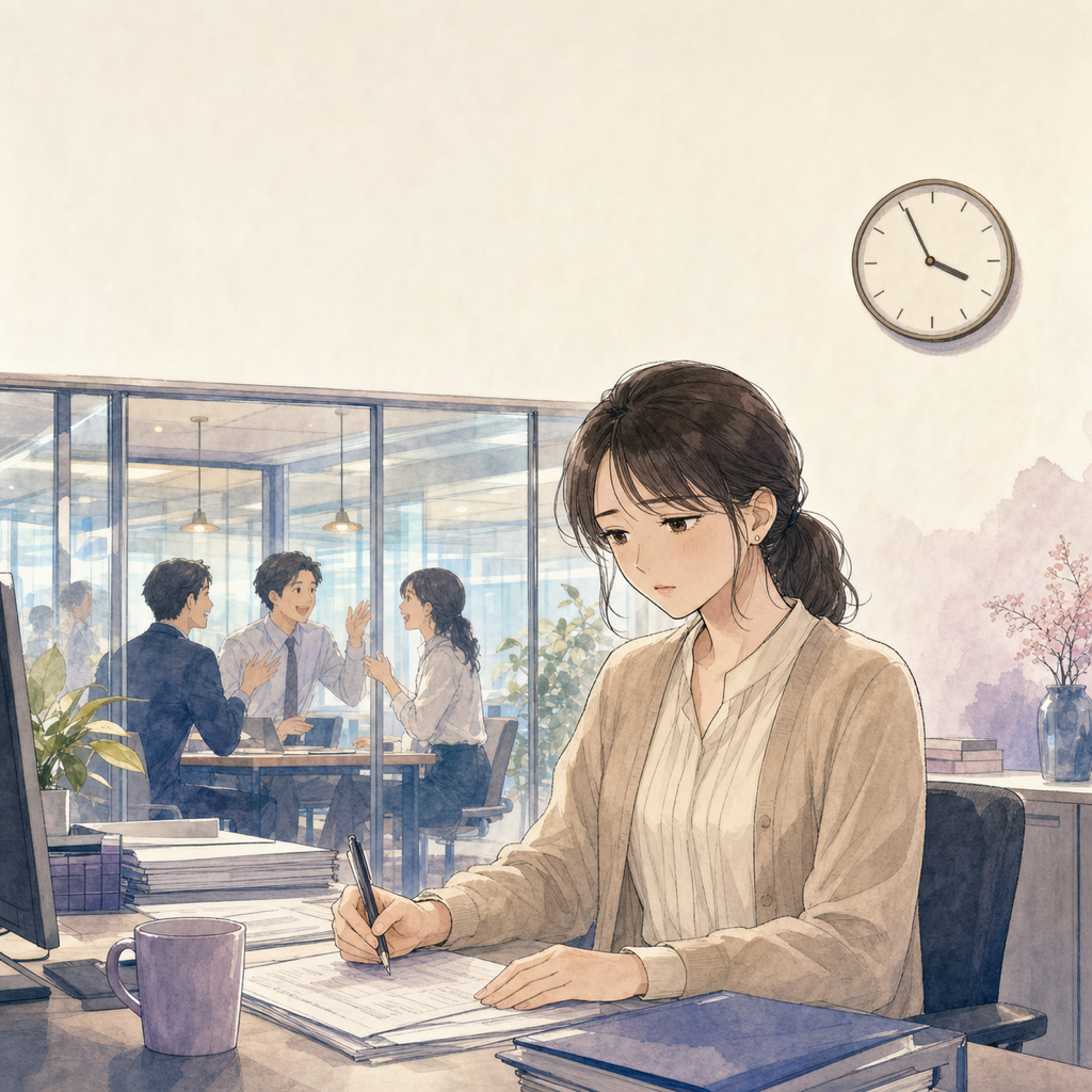 漫画1コマ目。オフィスで一人デスクに向かう美咲。奥の会議室では同僚たちが盛り上がっている