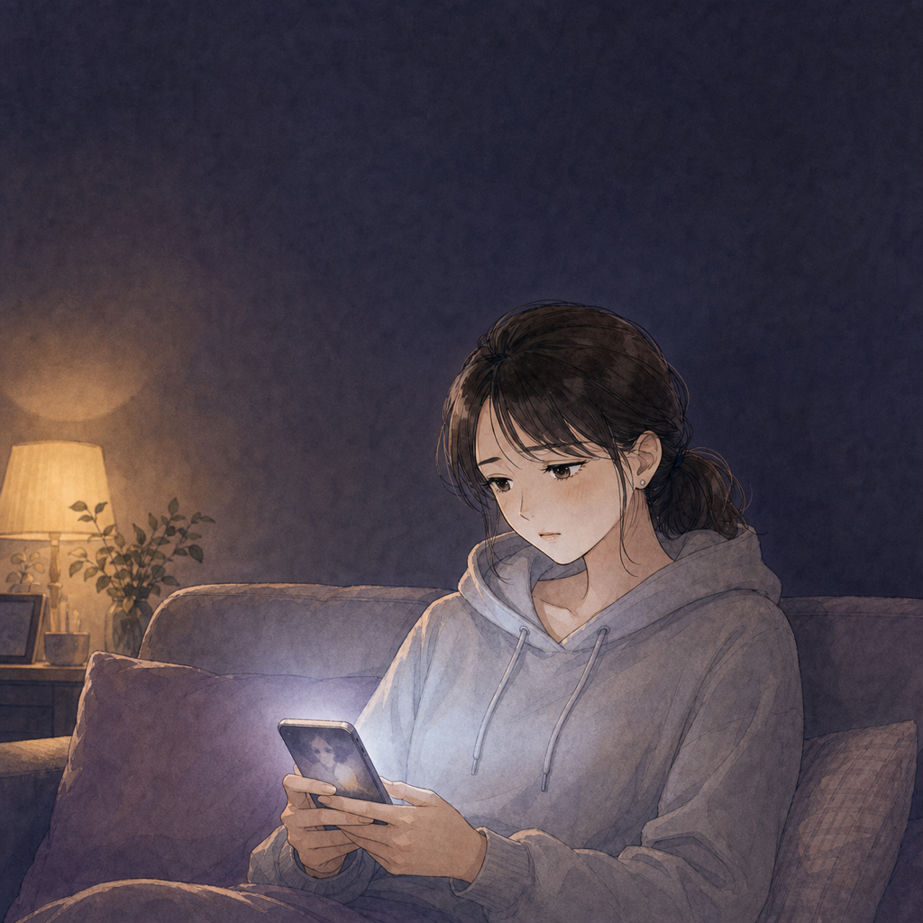 漫画2コマ目。夜のリビングでスマホを見つめて落ち込む美咲