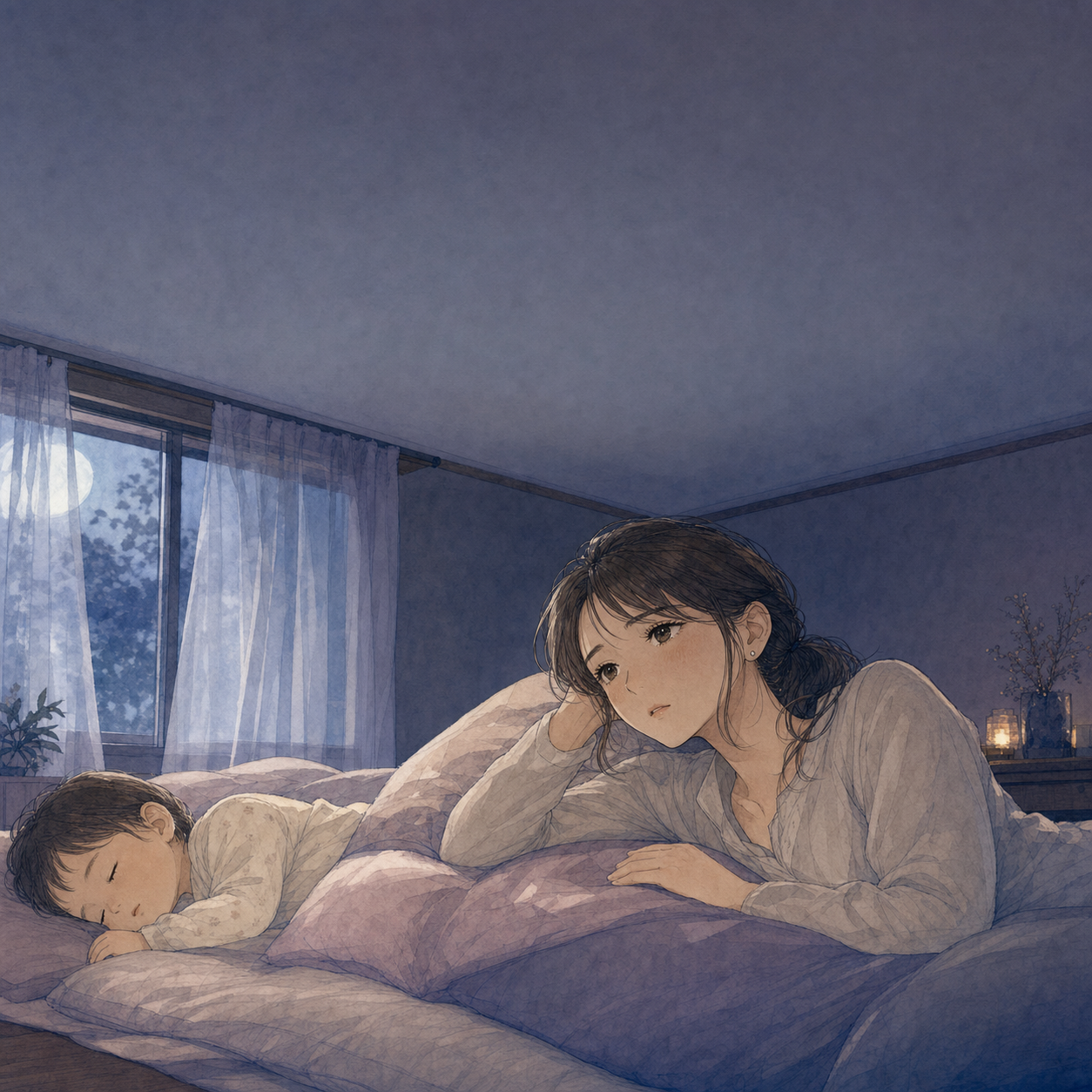 漫画3コマ目。眠る子どもの隣で、天井を見つめたまま眠れない美咲