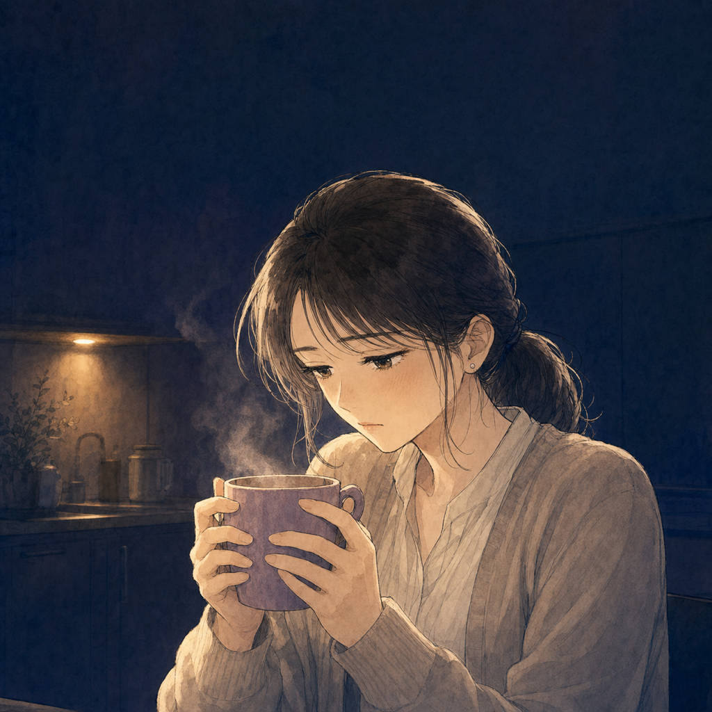 漫画4コマ目。深夜のキッチンでマグカップを両手で包み、うつむく美咲