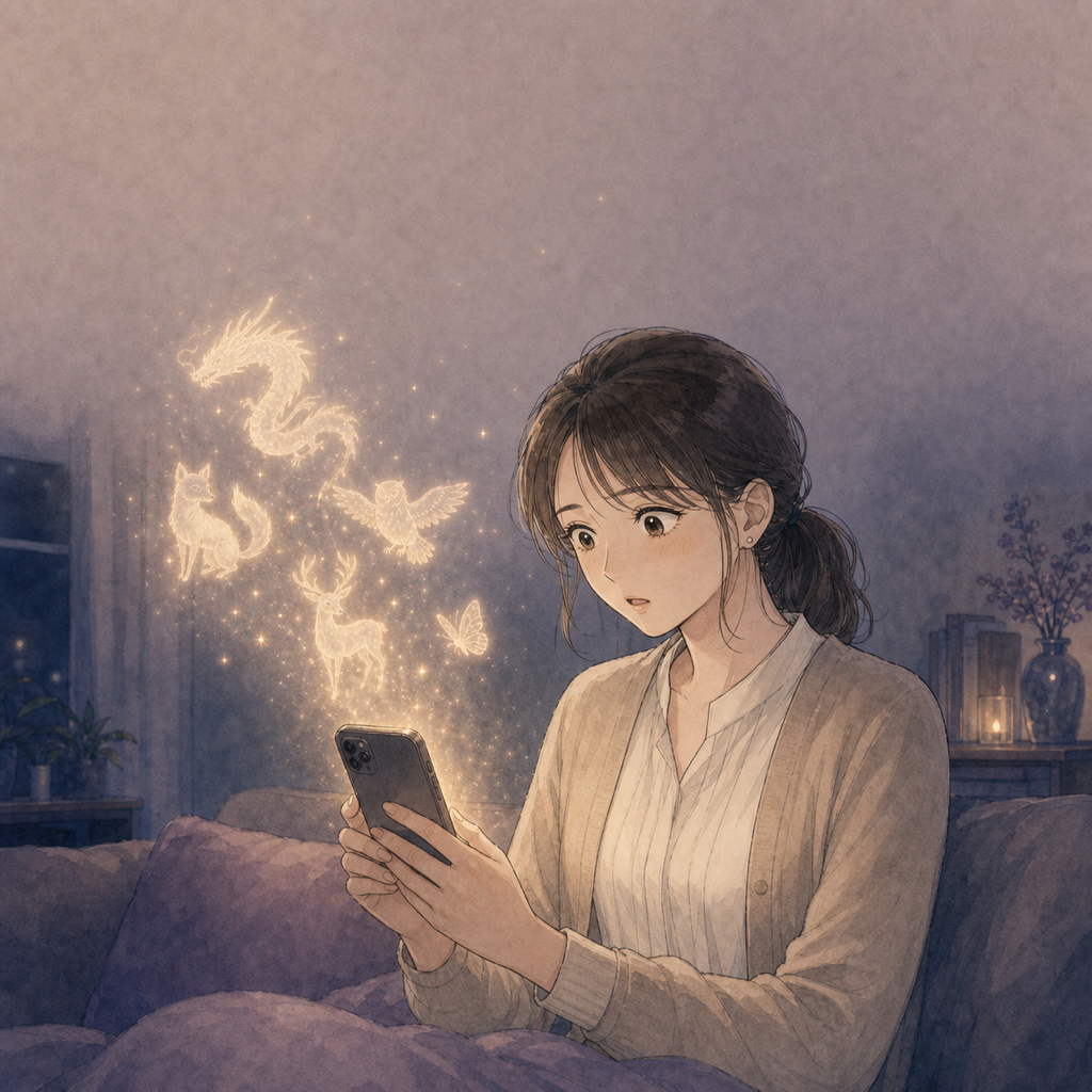漫画5コマ目。スマホから金色の光と小さな精霊たちの影が立ちのぼり、驚く美咲