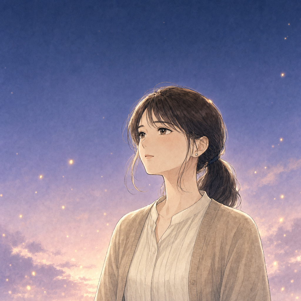 漫画7コマ目。顔を上げ、晴れやかな表情になる美咲。背景の闇が夜明け色に変わりはじめる