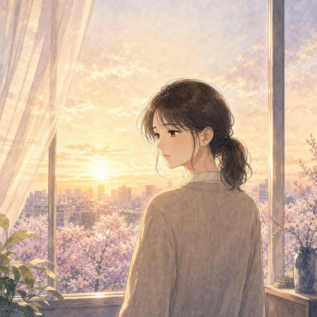 漫画8コマ目。夜明けの光が差し込む窓辺に立つ美咲。前を向いた横顔